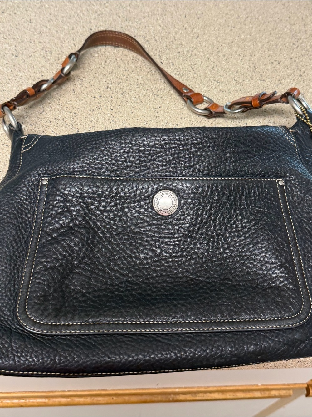 Coach Black Pebbled Leather Shoulder Bag with Brown Chain-Link Strap